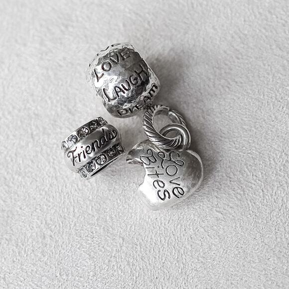 Brighton 3 PC Charms Love Bites Apple Friends Love Laugh Spacer Beads Silver Set - Picture 1 of 3